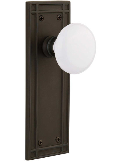 Mission Door Set with White Porcelain Knobs in Oil-Rubbed Bronze.